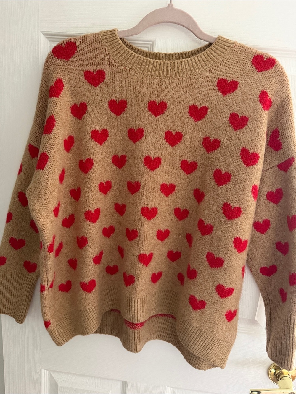 Vince Camuto Tan Sweater with Red Heart Print